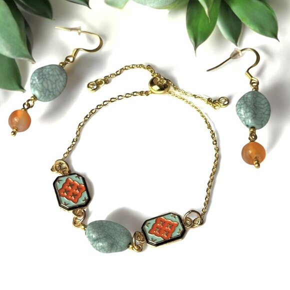 REIMAGINED Gold Tone Howlite and Agate Bracelet Earring Set - Picture 9 of 10